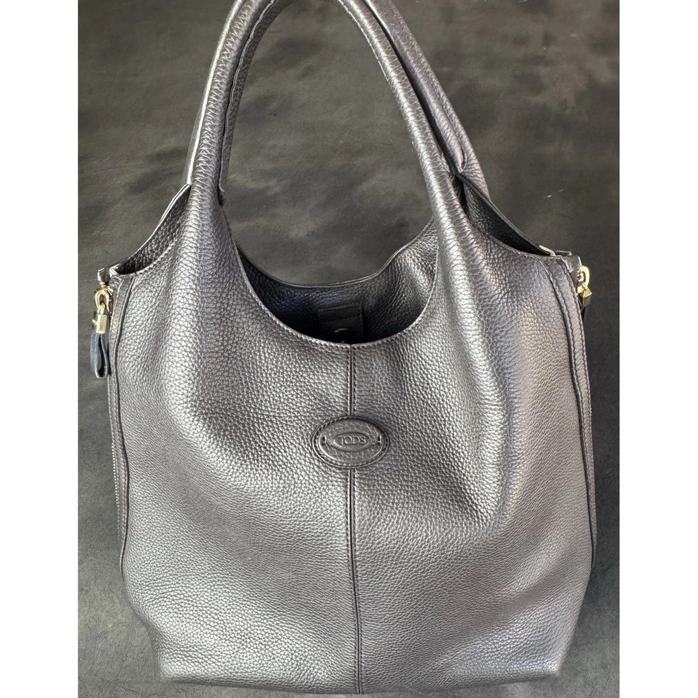 TOD'S Italy Pebbled Leather Hobo Bag Dark Taupe Brown Gray Shoulder Tote Large